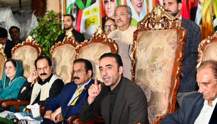 Pakistan Peoples Party (PPP) Chairman Bilawal Bhutto-Zardari addresses a press conference in Muzaffarabad on July 30,  2026. — Facebook@Bilawalhouse