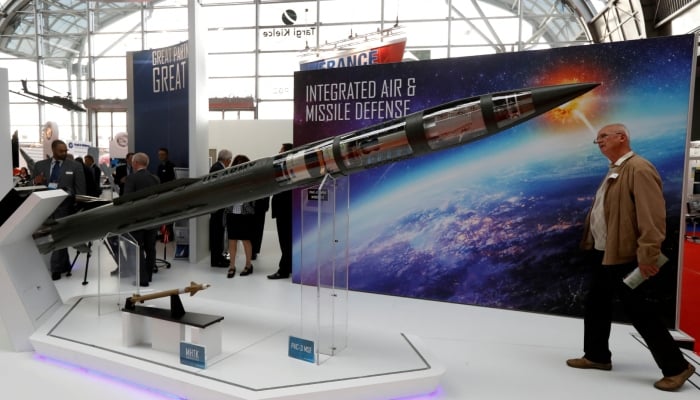 A man looks at a Patriot Advanced Capability (PAC-3) Missile Segment Enhancement (MSE) model by Lockheed Martin at an international military fair in Kielce, Poland September 7, 2017. — Reuters