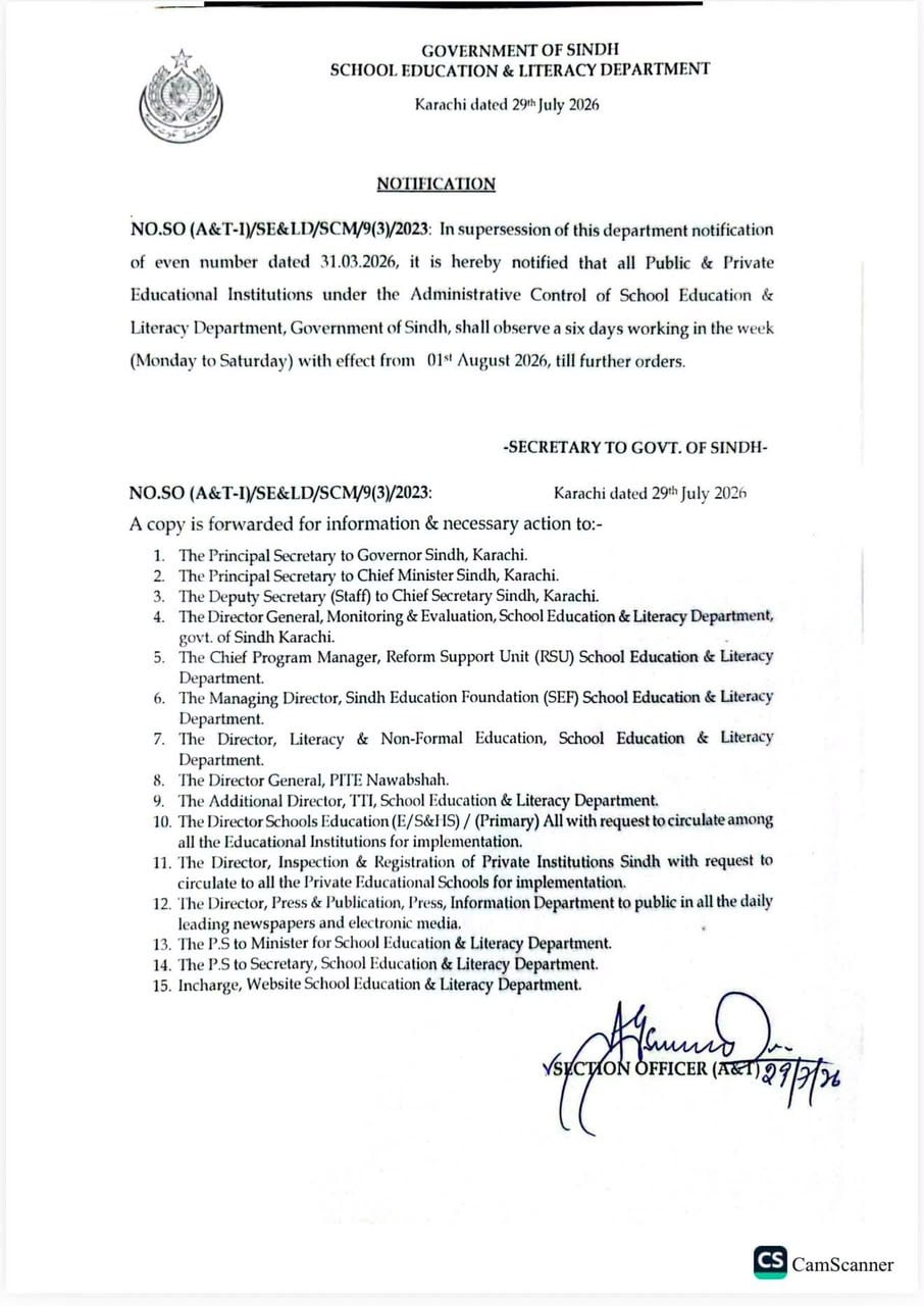 Sindh schools to operate six days a week from August 1