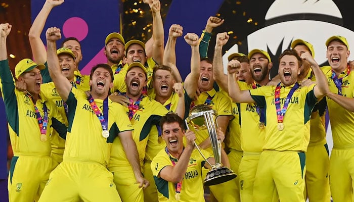 Australia celebrate after defeating India in the 2023 ICC Mens Cricket World Cup final at Narendra Modi Stadium in Ahmedabad, India, on November 19, 2023. — AFP