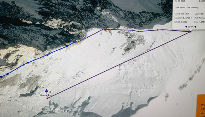A GPS tracking image shows the route of climbers on Broad Peak before communication was lost. — Reporter