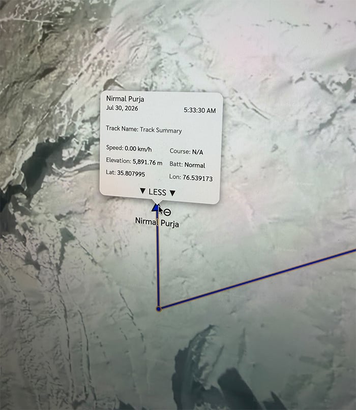 A GPS tracking image shows the route of climbers on Broad Peak before communication was lost. — Reporter