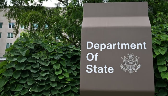 A general view of a US State Department sign outside the US State Department building in Washington, DC, US, July 11, 2025. — Reuters