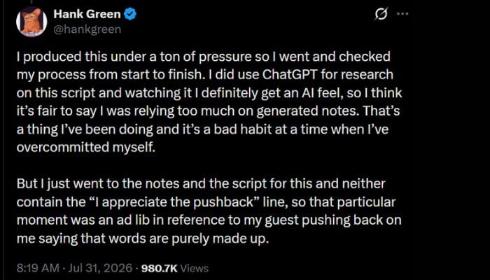 Credit: screenshot of original X post by Hank Green