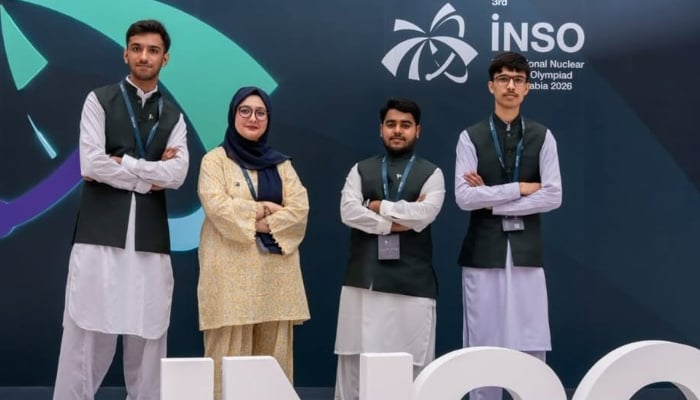 Pakistani team members pose for a photo at the third International Nuclear Science Olympiad in Jeddah, Saudi Arabia, August 9, 2026. — APP