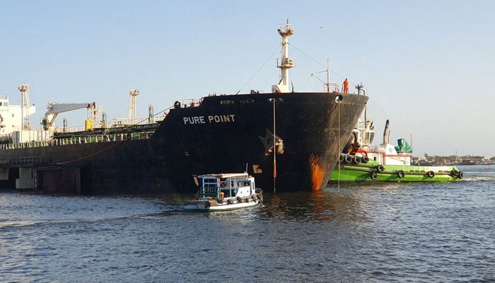 A view of the Russian oil cargo Pure Point, carrying crude oil, is seen anchored at the port in Karachi, June 11, 2023. — Reuters