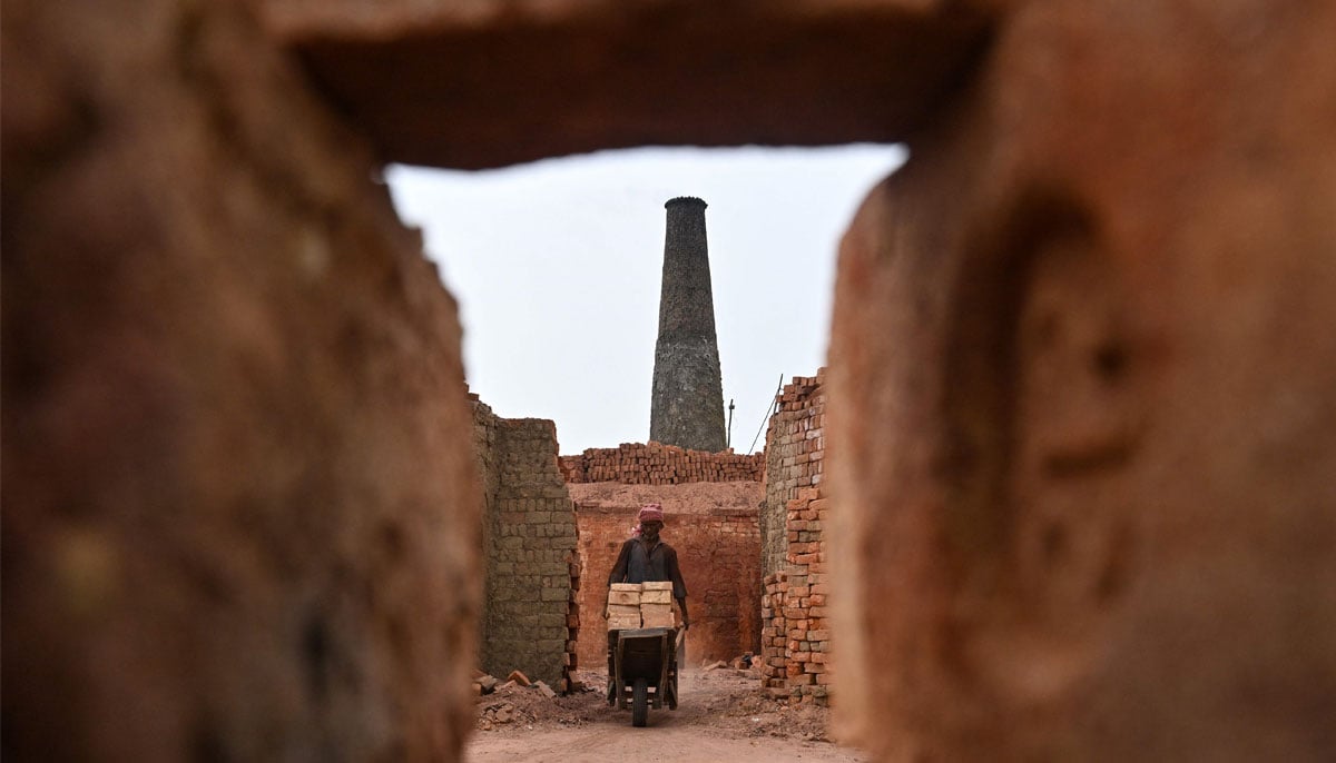 A worker pushes a wheelbarrow at a brick kiln in Sheikhupura, in Punjab province, on July 20, 2026.— AFP