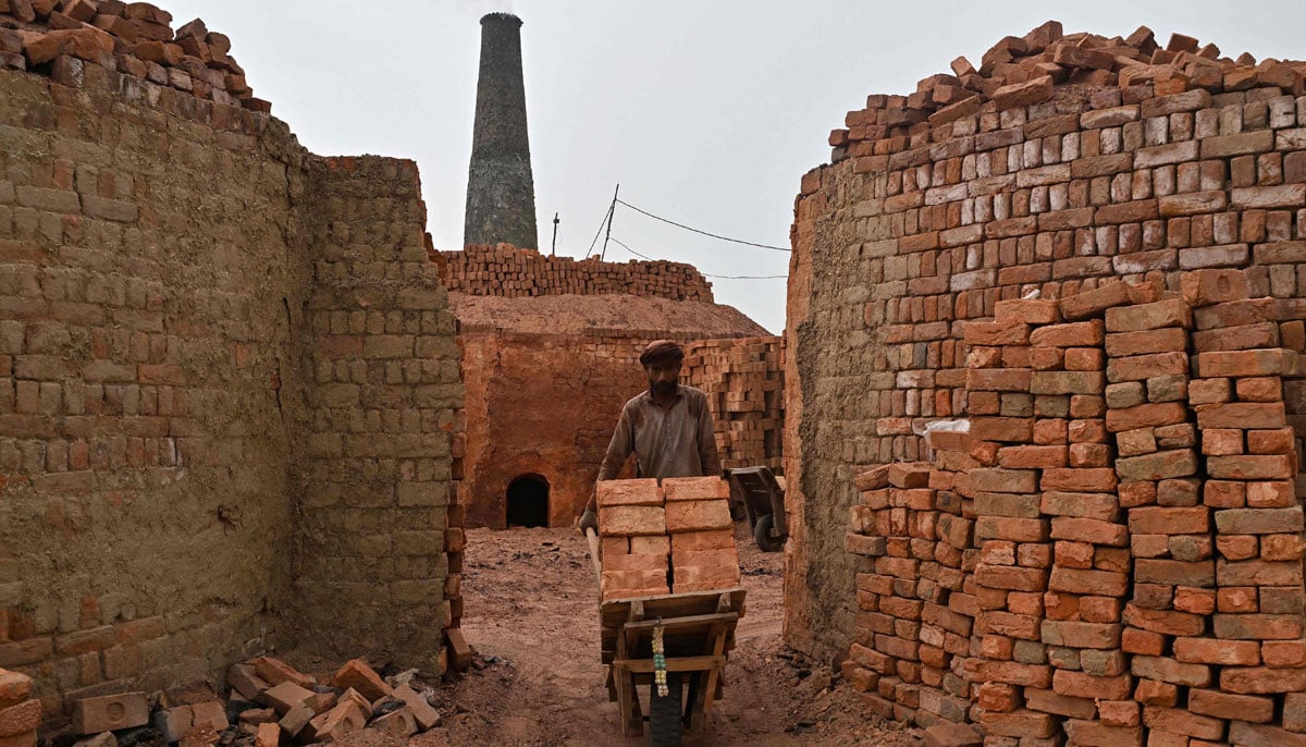 A worker pushes a wheelbarrow at a brick kiln in Sheikhupura, in Punjab province on July 20, 2026.— AFP