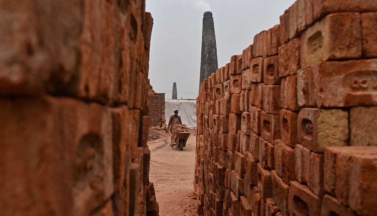 A worker pushes a wheelbarrow at a brick kiln in Sheikhupura, in Punjab province on July 20, 2026.— AFP