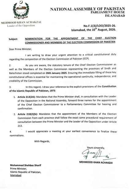 Achakzai urges PM to appoint new CEC, ECP members from Sindh, Balochistan