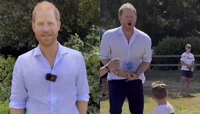 Prince Harry can’t stop laughing after being pelted three times in stomach