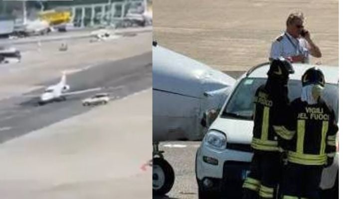 Fiat Panda car crashes into private jet at Milan airport: Watch