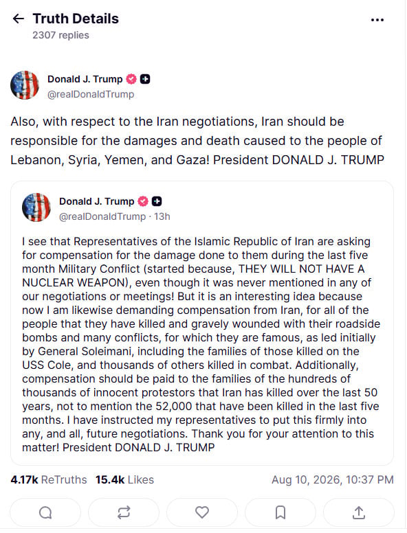 Trump demands Iran pay compensation for 50 years of damage