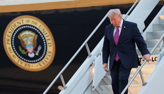 US President Donald Trump deboards the new Air Force One, a plane gifted by Qatar, upon arrival at Ellsworth Air Force Base in the Belle Fourche-Cheyenne Valleys, South Dakota, US, July 3, 2026. — Reuters