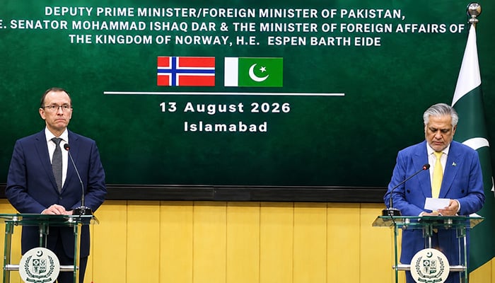 Deputy Prime Minister and Foreign Minister Senator Ishaq Dar (right) and Norwegian Foreign Minister Espen Barth Eide address joint press conference in Islamabad on August 13, 2026. — X/@ForeignOfficePk