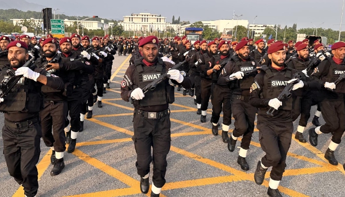 A view of SWAT force personnel taking part in a full-dress rehearsal at D Chowk old parade ground on the eve of the 79th Independence Day celebration on 13 August 2026. — INP