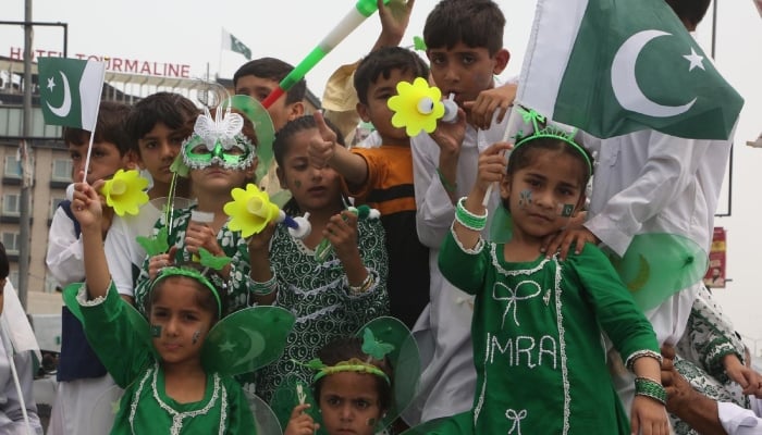 Children’s wear national flag colour stuff while visiting Bala Hisar Fort in Peshawar to celebrate 79 years of Pakistan independence on 14 August, 2026. — INP