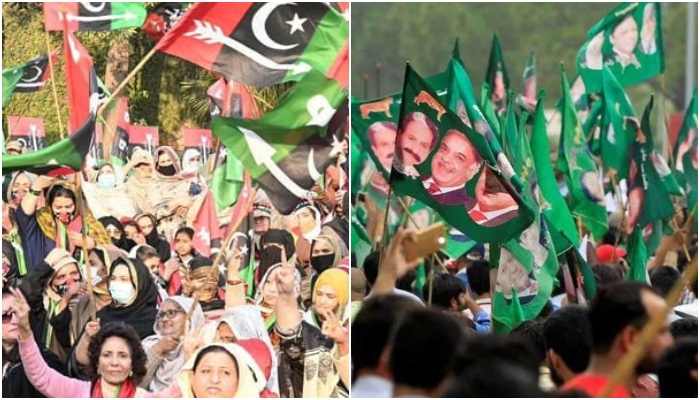 This collage of picture shows PML-N supporters wave party flags (right) and PPP workers during a party rally. — Reuters/ Facebook@Pakistan Peoples Party/File