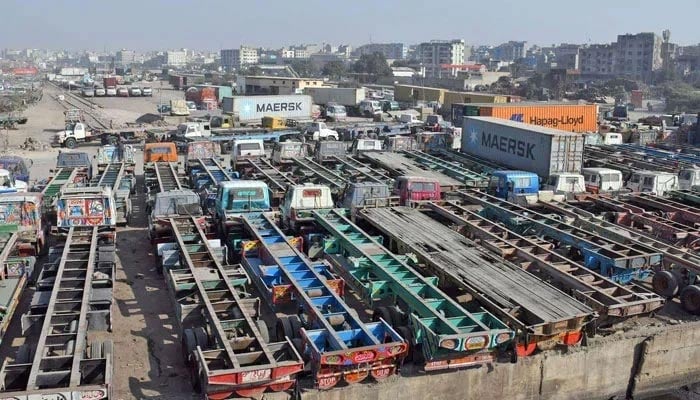 Trucks are seen parked during a strike called by the Goods Transporters Association on Maripur Road in Karachi. — Online/File