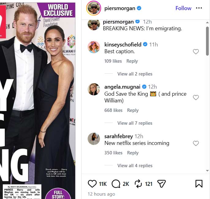 Piers Morgans caption on Harry, Meghan Breaking News sparks debate