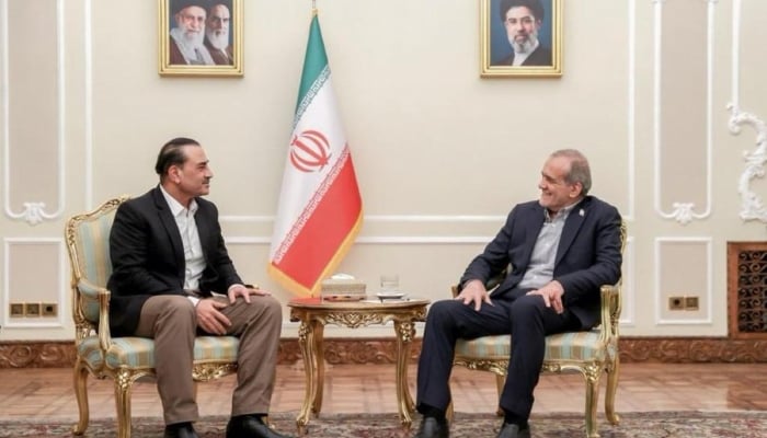 Chief of Army Staff and Chief of Defence Forces Field Marshal Asim Munir is seen in a meeting with Iranian President Masoud Pezeshkian. — ISPR/File