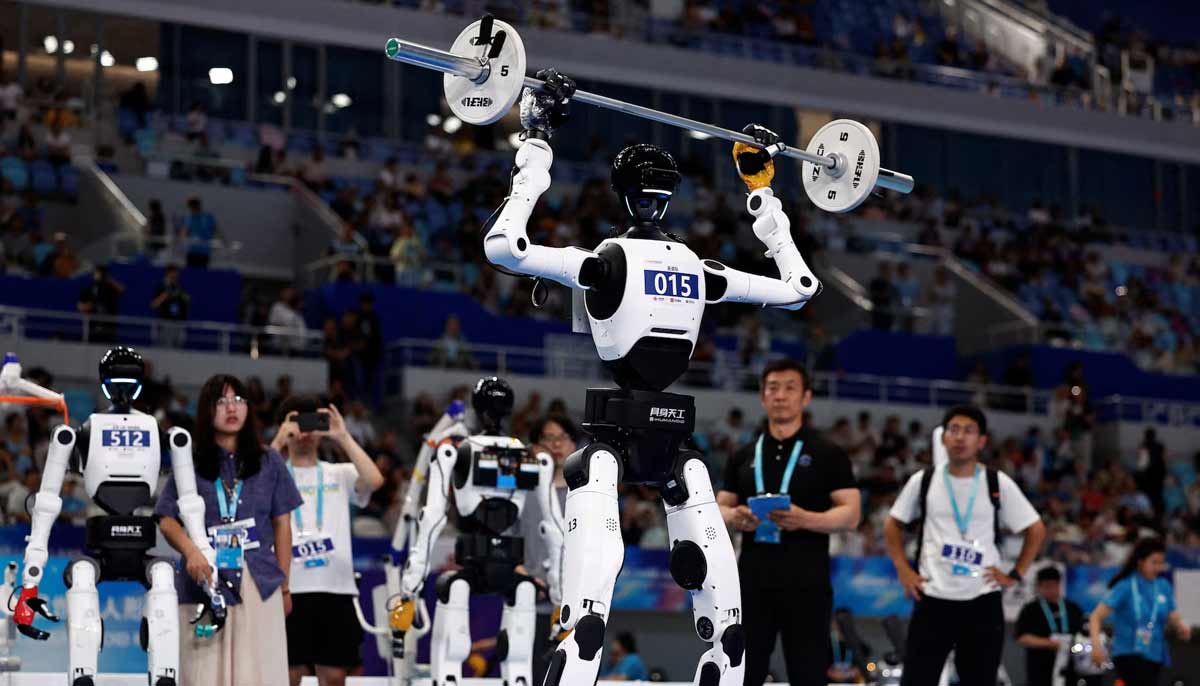 A Tiangong humanoid robot takes part in a weightlifting contest, during the 2026 World Humanoid Robot Games at the National Speed Skating Oval in Beijing, China, on August 24.— Reuters