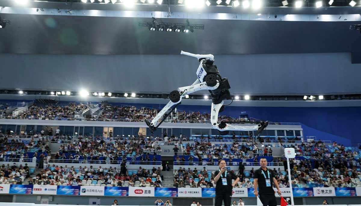 A Tiangong humanoid robot takes part in a long jump contest during the 2026 World Humanoid Robot Games, at the National Speed Skating Oval, in Beijing, China, on August 23.— Reuters