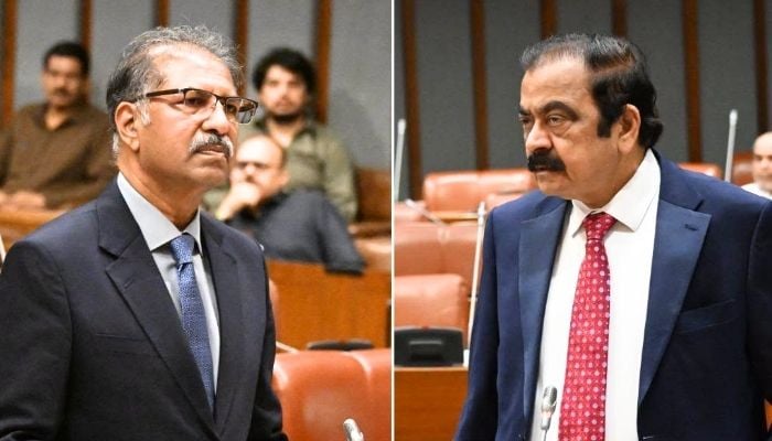 Pakistan Tehreek-e-Insaf Senator Ali Zafar (Right) and Pakistan Muslim League-Nawaz Senator Rana Sanaullah in Senate, Parliament House, Islamabad, August 25, 2026. — Facebook/@PakistanSenate