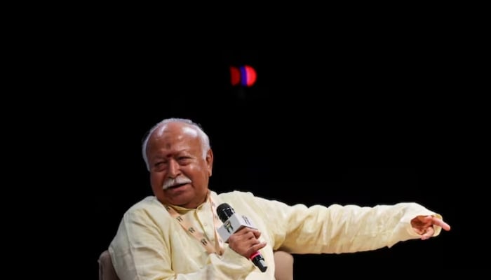 Rashtriya Swayamsevak Sangh (RSS) chief Mohan Bhagwat addresses students during the India International Movement to Unite Nations (I.I.M.U.N.) 15th Anniversary Championship Conference in Mumbai, India, August 6, 2026. — Reuters