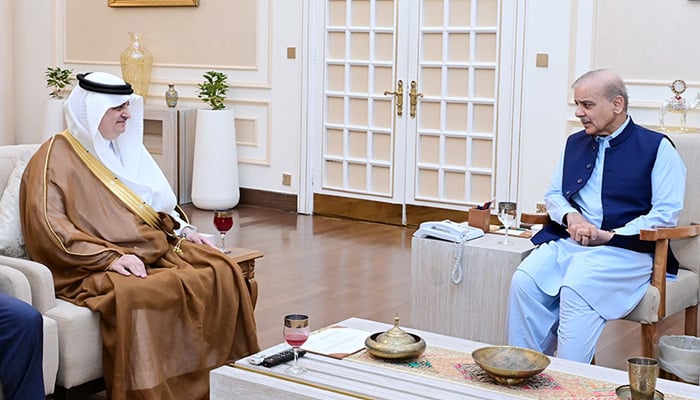 Saudi Ambassador to Pakistan Nawaf bin Said Al-Malki meets Prime Minister Shehbaz Sharif (right) at PM House, Islamabad, August 27, 2026. — X/@PakPMO