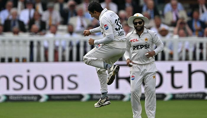 Pakistans Muhammad Abbas celebrates taking the wicket of Englands Joe Root on day one of the second test match between England and Pakistan at Lords cricket ground in Leeds, London on August 27, 2026. — AFP