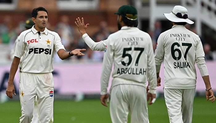 Pakistans Muhammad Abbas (Left) celebrates with teammates after taking the wicket of Englands Jofra Archer on day one of the second test match between England and Pakistan at Lords cricket ground in Leeds, London, August 27, 2026. — AFP