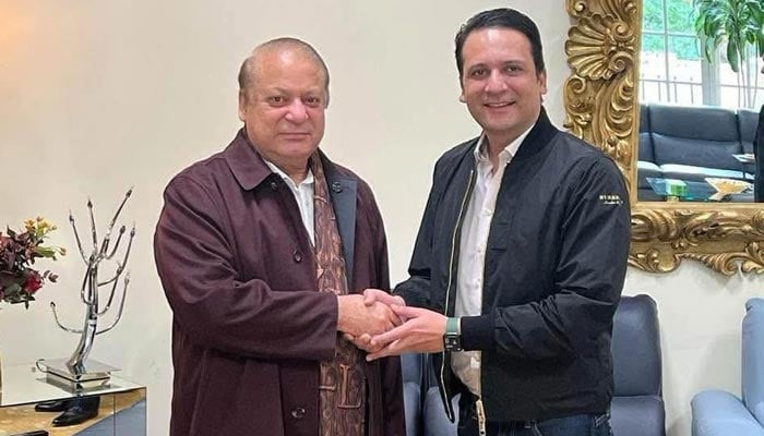Pakistan Muslim League-Nawaz President Nawaz Sharif shakes hand with Iftikhar Ali Gilani in this undated image. — Geo News