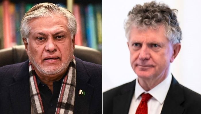 This collage of pictures shows Deputy Prime Minister and Foreign Minister Senator Ishaq Dar and British National Security Adviser Jonathan Powell. — AFP/File