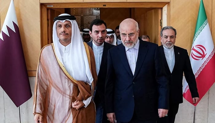 Iranian Parliament Speaker Mohammad Bagher Ghalibaf meets with Qatari Prime Minister and Foreign Minister Mohammed bin Abdulrahman Al Thani, in Tehran, Iran, August 27, 2026.— Reuters