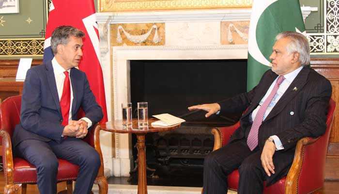 Deputy Prime Minister and Foreign Minister Ishaq Dar meets UK Foreign Secretary Ed Miliband. — Pakistan High Commission