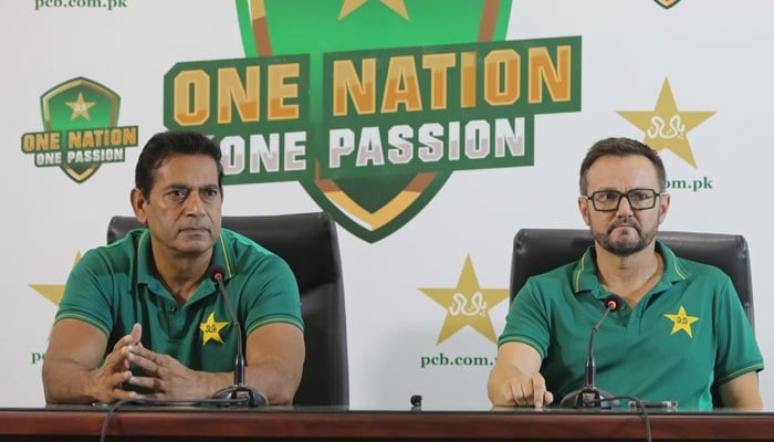 Pakistan white-ball head coach Mike Hesson and Director High-Performance Centre Aqib Javed during a press conference in Lahore, August 17, 2025. — Facebook/@PakistanCricketBoard