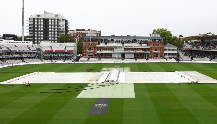 General view of covers on the pitch as rain delays the start of day 3 of second Test between Pakistan and England at Lords Cricket Ground, London, Britain on August 29, 2026. — Reuters
