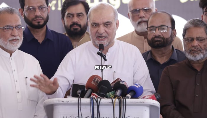 Jamaat-e-Islami Emir Hafiz Naeemur Rehman addresses the press conference in Lahore on August 29, 2026. — Facebook/@JIPOfficial1