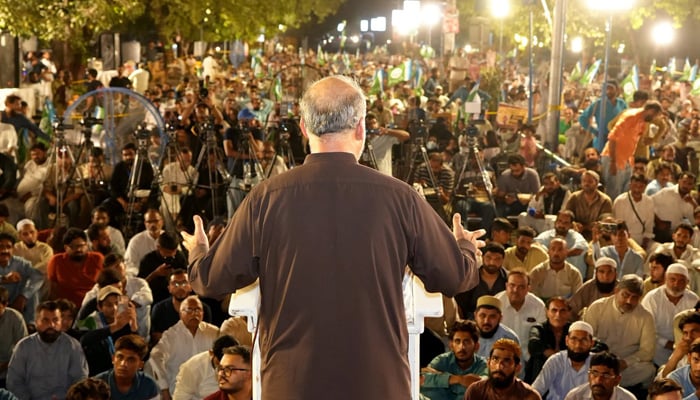 Jamaat-e-Islami Emir Hafiz Naeemur Rehman addresses participants of sit-in against fuel levy in Lahore, August 29, 2026. — Facebook/@JIPOfficial1