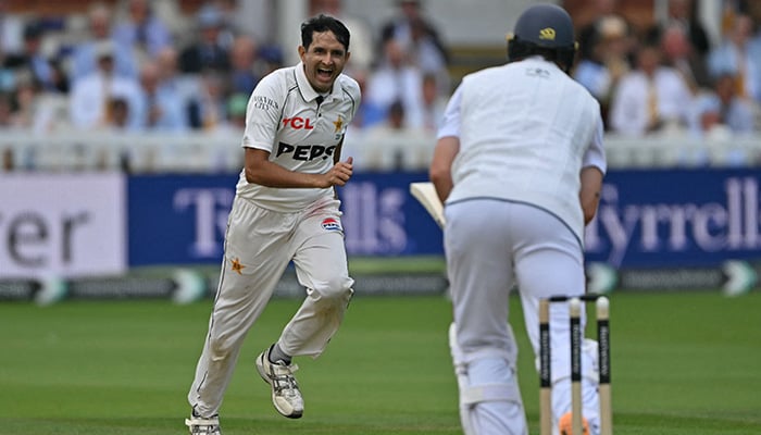Pakistans Muhammad Abbas celebrates after taking his fifth wicket, that of Englands Ollie Robinson on day four of the second test match between England and Pakistan at Lords cricket ground in London on August 30, 2026. — AFP