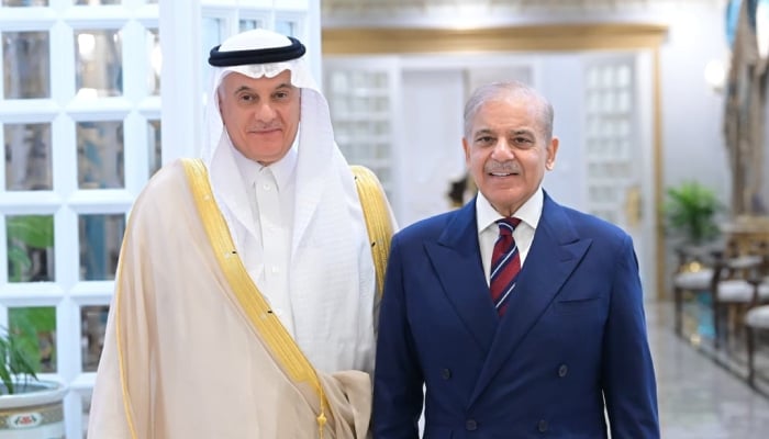 Prime Minster Shehbaz Sharif (right) meets Eng Abdulrahman A Alfadley, Saudi Minister forEnvironment, Water and Agriculture in Islamabad. — APP