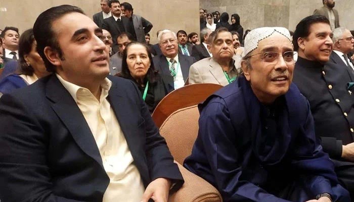 PPP Chairman Bilawal Bhutto-Zardari (left) and President Asif Ali Zardari attend live streaming of proceedings on a presidential reference on former premier Zulfikar Ali Bhutto at the SC building in Islamabad, December 12, 2023. — PPI