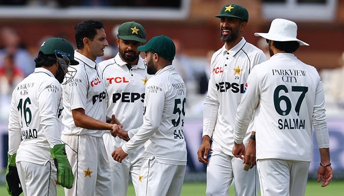 Pakistans Mohammad Abbas celebrates with teammates after dismissing Englands Dan Lawrence during the second Test at Lords in London on August 30, 2026. — Reuters