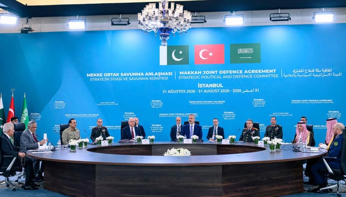 Turkiyes Foreign Minister Hakan Fidan (centre), Deputy Prime Minister and Foreign Minister Ishaq Dar (2nd left) and Saudi Arabias Defence Minister Khalid Bin Salman (3rd right) attend the inaugural meeting of the Strategic Political and Defence Committee established under the Makkah Joint Defence Agreement, in Istanbul on August 31, 2026. — AFP