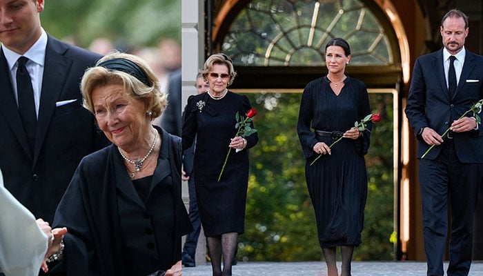 Queen Sonja takes poignant pause before King Haralds sea of flowers