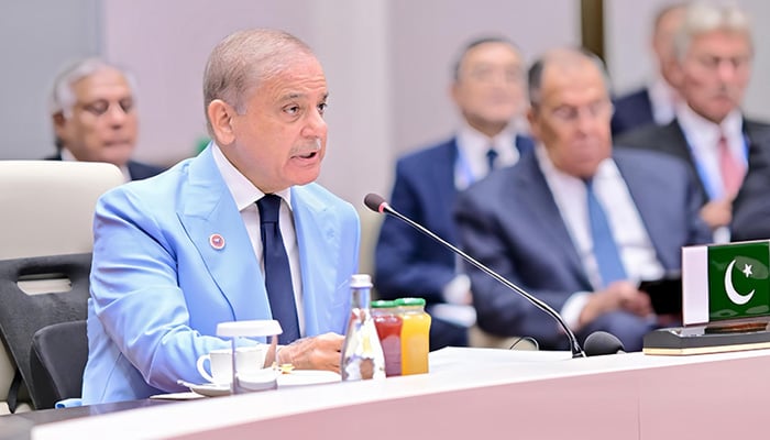 Prime Minister Shehbaz Sharif addresses the SCO Council of Heads of State Summit in Bishkek, Kyrgyzstan, on September 1, 2026. — X/@GovtofPakistan