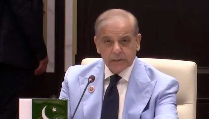 Prime Minister Shehbaz Sharif is addressing the SCO summit in Bishkek on September 1, 2026. — Screengrab via Geo News