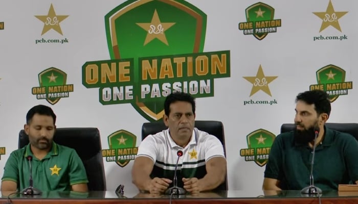 Pakistan cricket teams selection committee members address press conference in Lahore on July 5, 2026. — Youtube/Pakistan Cricket