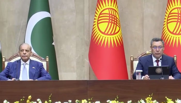 Prime Minister Shehbaz Sharif and Kyrgyz President Sadyr Nurgozhoevich Japarov address joint press conference after signing of agreements at Kyrgyz presidential palace in Bishkek, Kyrgyzstan, September 2, 2026. — Screengrab via Geo News